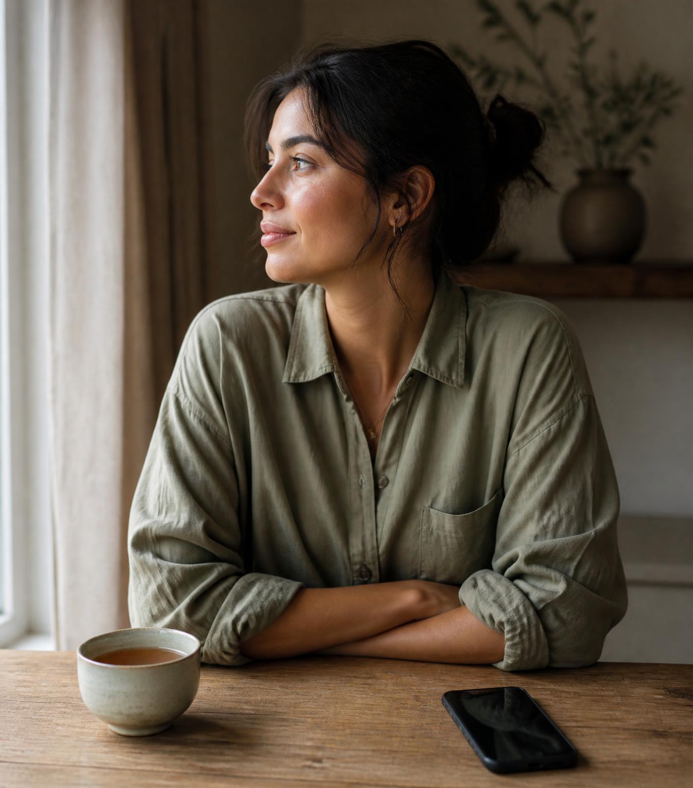 A woman sitting at a wooden table in soft daylight with her phone face down