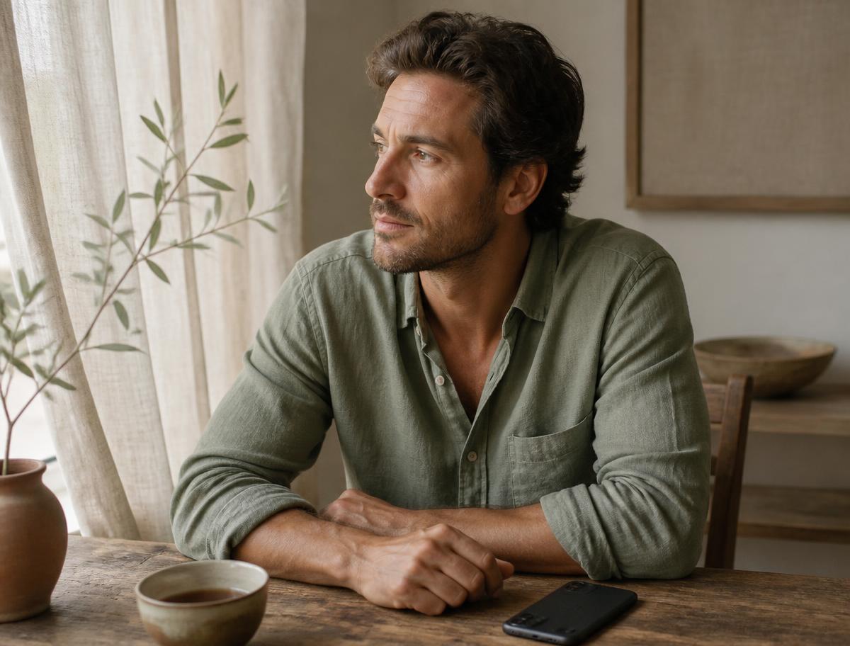 A man sitting at a wooden table in soft daylight with his phone face down